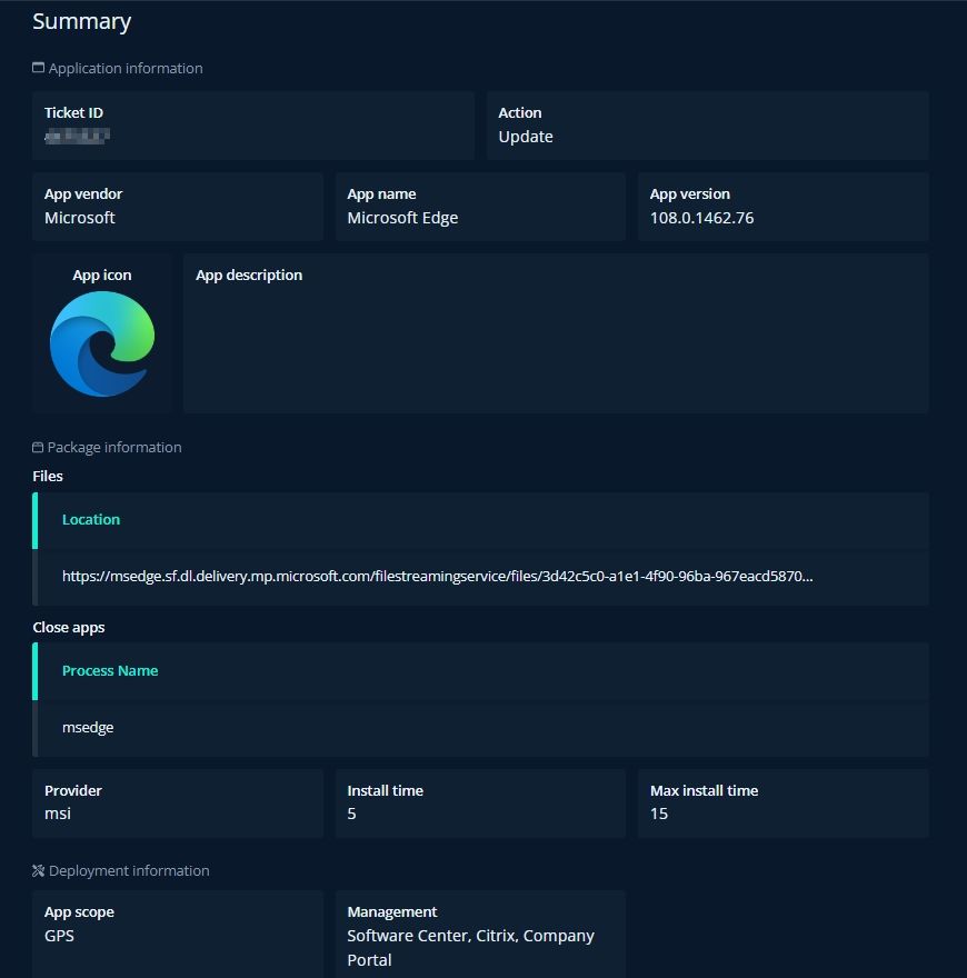 Screenshot of a summary of the request made to AppPackBot through the Workplace Portal