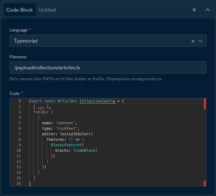 screenshot of the code block module in the richtext editor