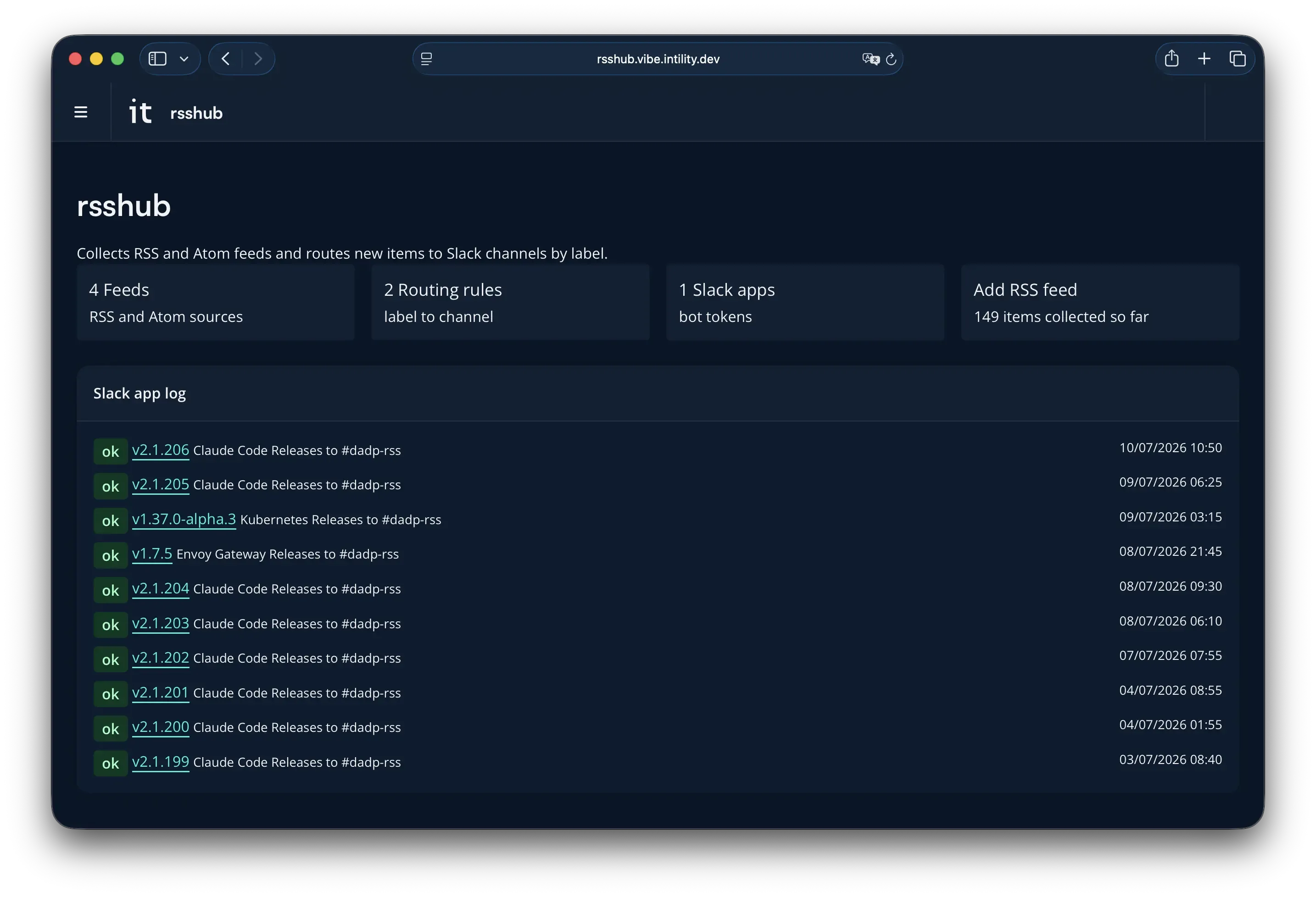 rsshub - Browse RSS feed items in a web UI, view details, and send notifications to matching Slack channels.